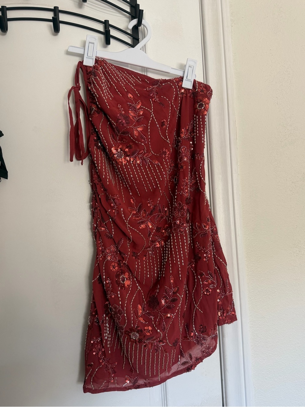 Peppermayo One-Shoulder Embellished Mini Dress in Deep Red - Picture 4 of 6